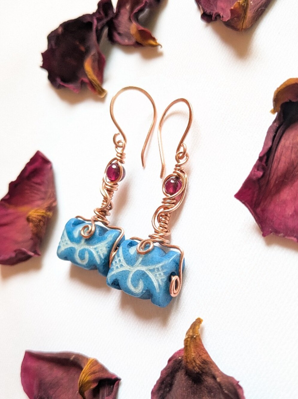 Viking Inspired Earrings Carved Vintage Glass And Garnets In Copper - Picture 12 of 16